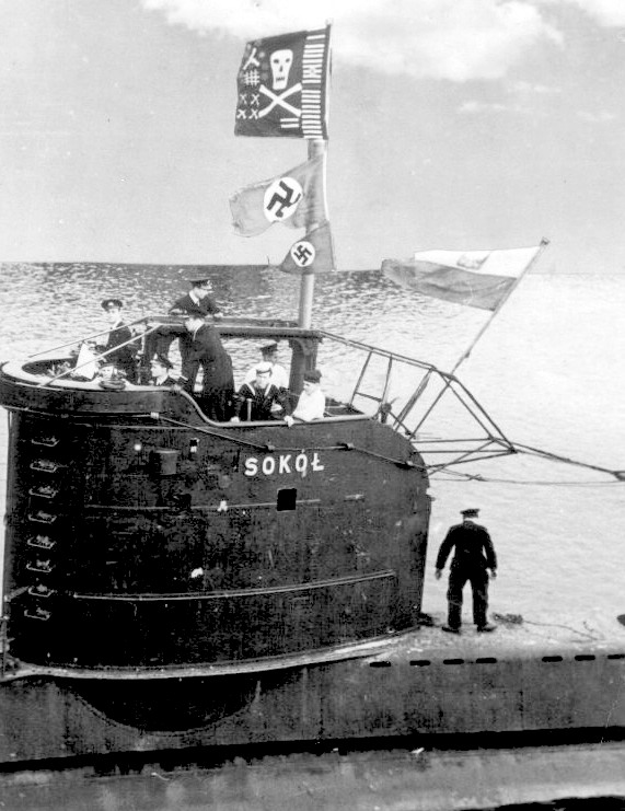 World War Two, Polish submarine ORP Sokol 1944, flying captured swastika flags and jolly roger